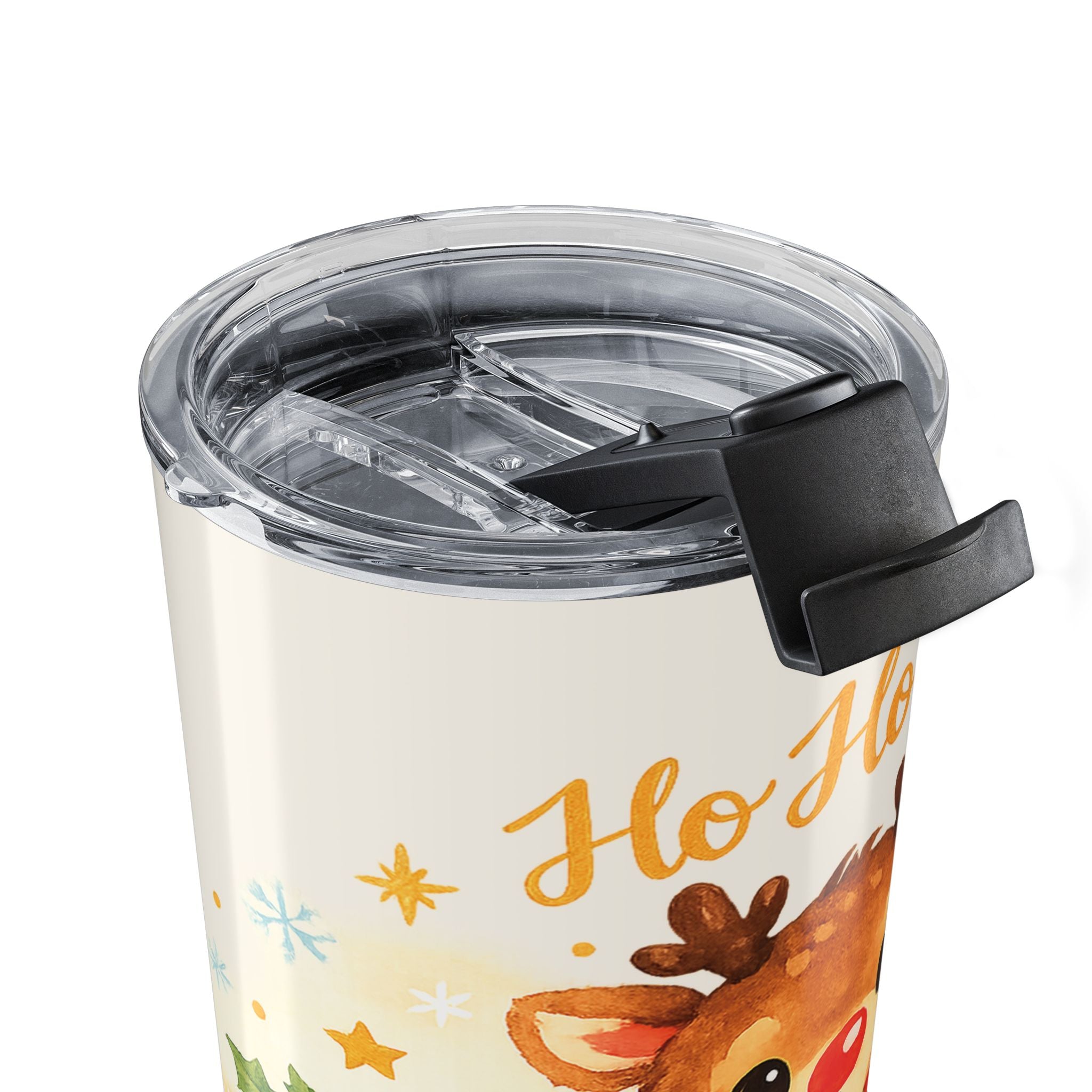 Ho Ho Ho reindeer tumbler held in hand showing size and grip