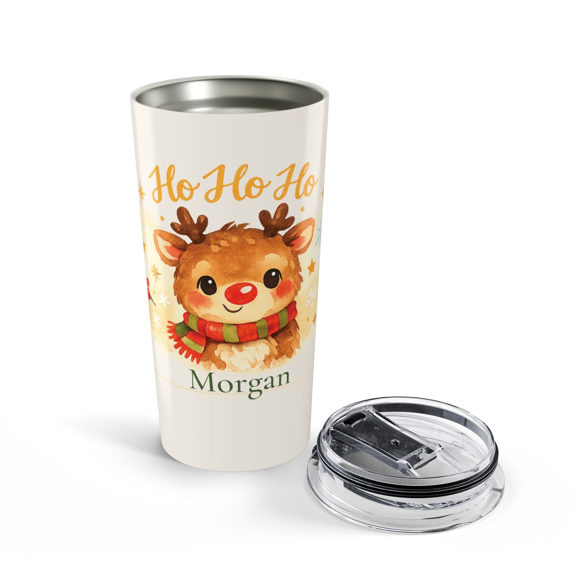 Ho Ho Ho reindeer tumbler styled with holiday decor on a table
