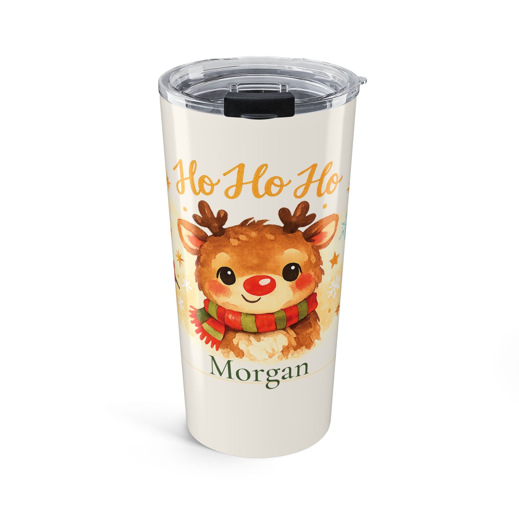 Personalized Ho Ho Ho reindeer tumbler with custom name