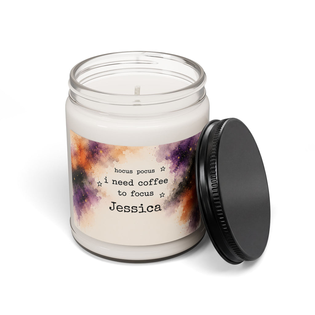 Close-up of the hocus pocus candle label showing the custom name detail
