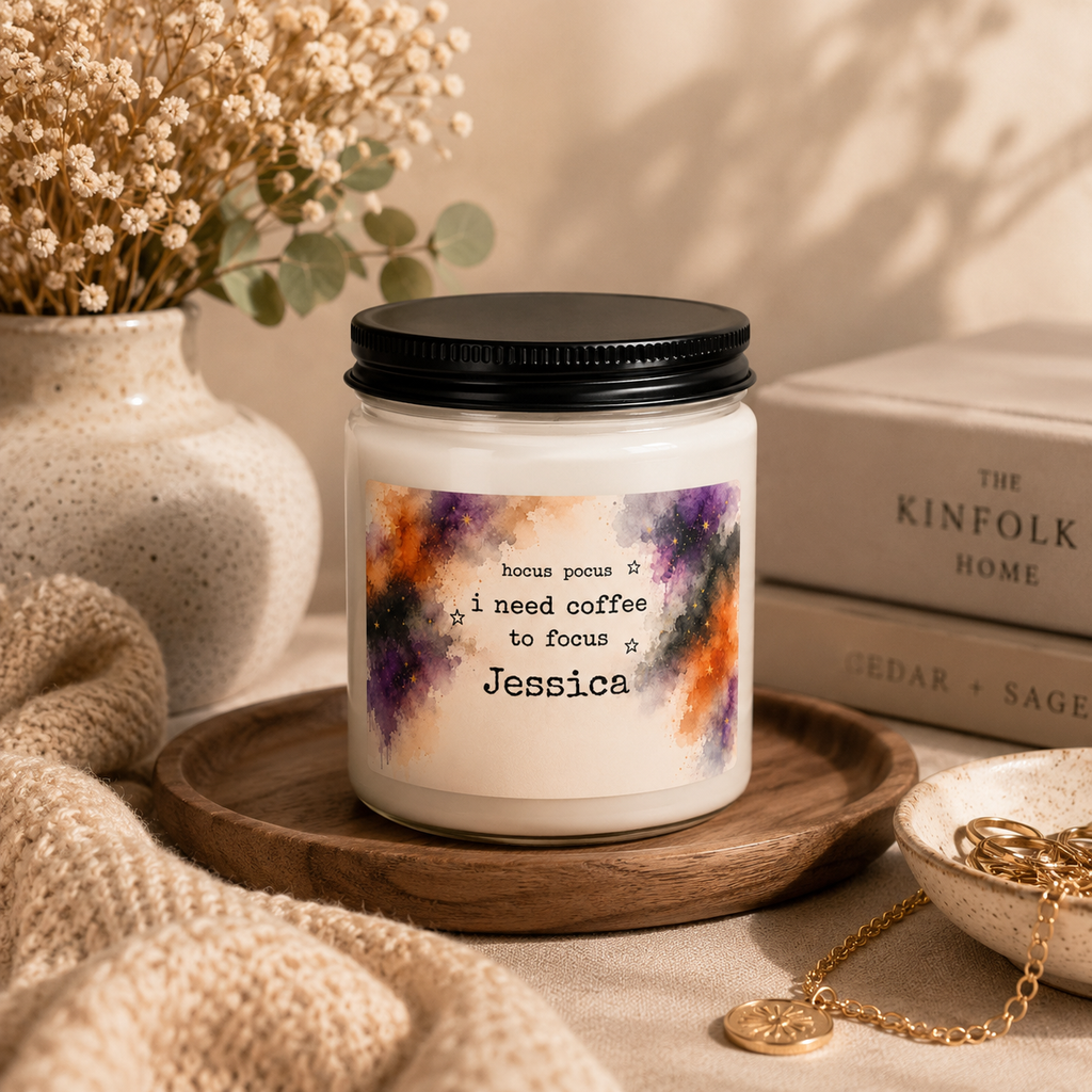 Personalized Halloween coffee candle shown on a table as part of home decor