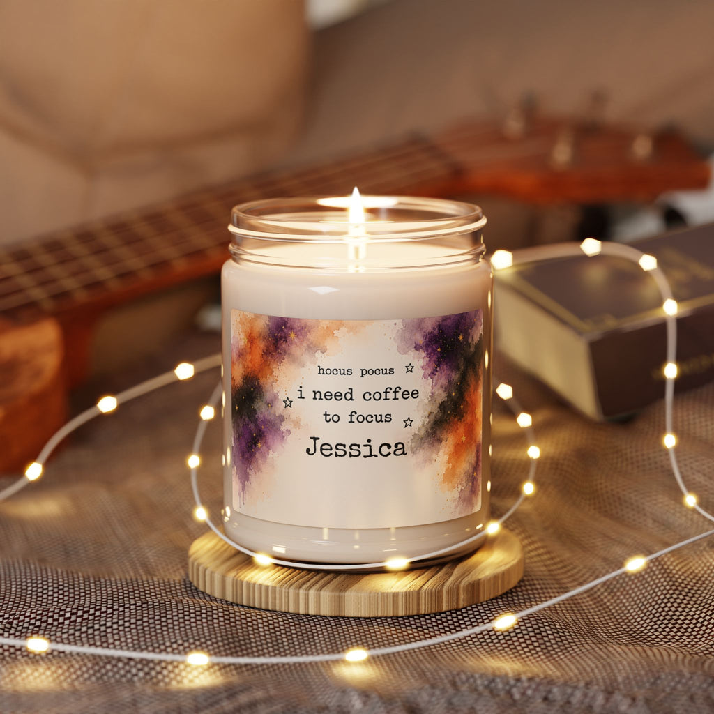 Personalized Halloween candle displayed in a cozy living room setting