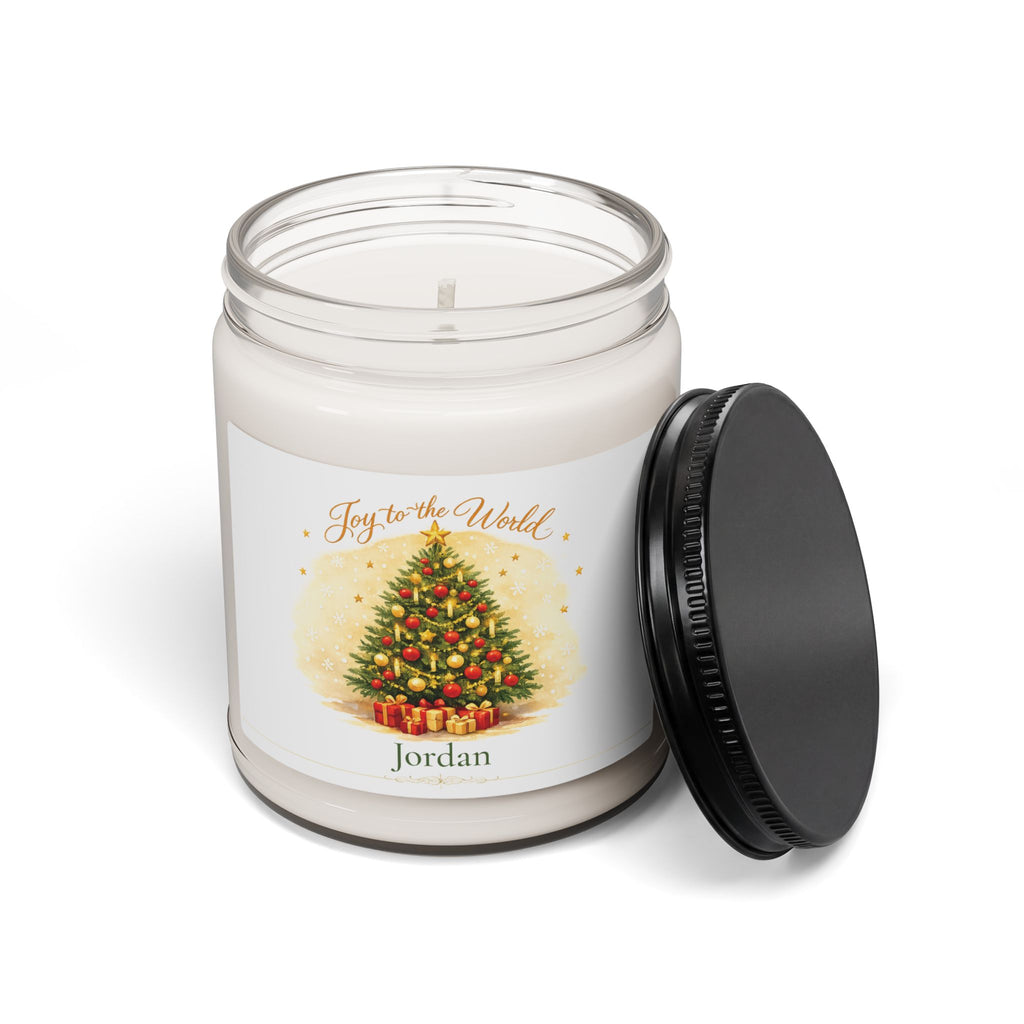 Close-up of the Joy to the World candle label showing the custom name detail