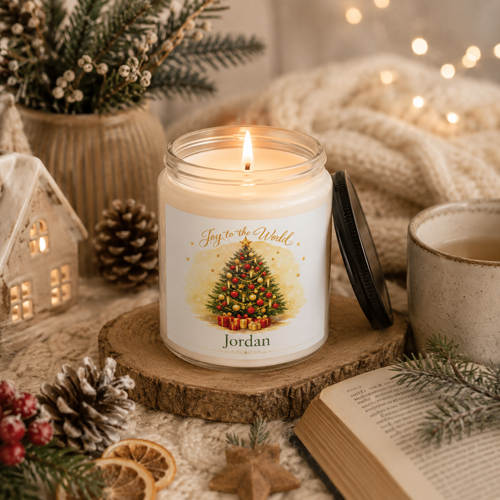 Personalized Christmas tree candle shown on a table as part of holiday decor