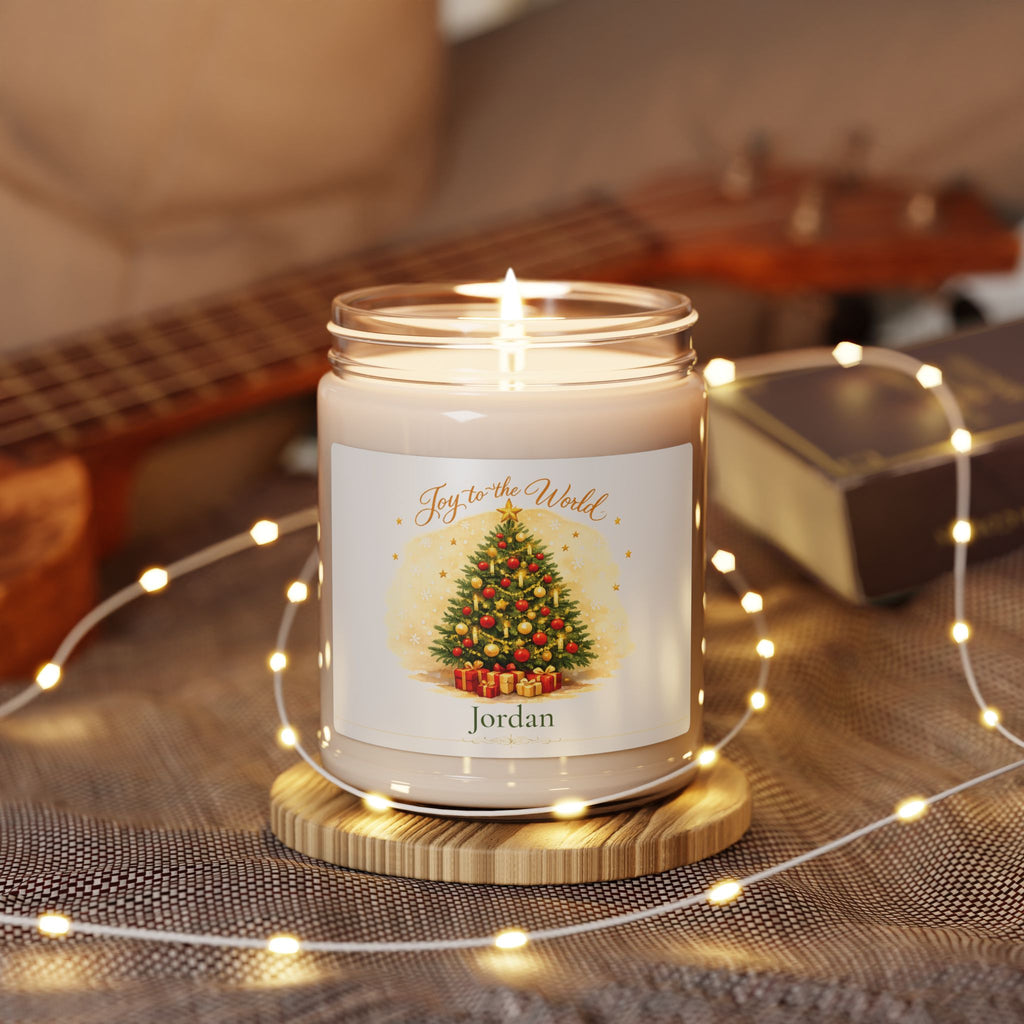 Personalized Christmas candle displayed in a cozy living room setting