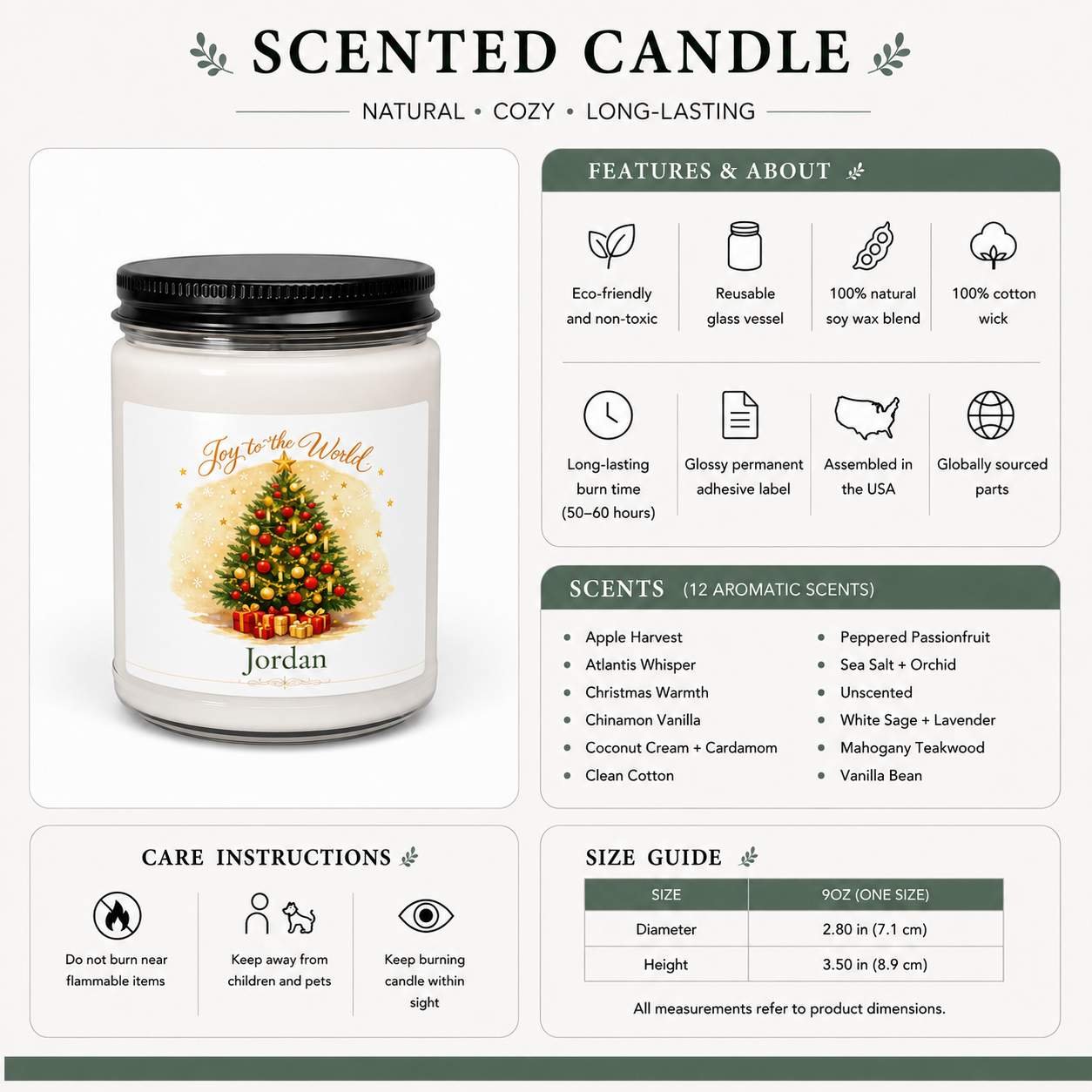 Personalized Christmas tree candle lit, showing the soft glow of the flame