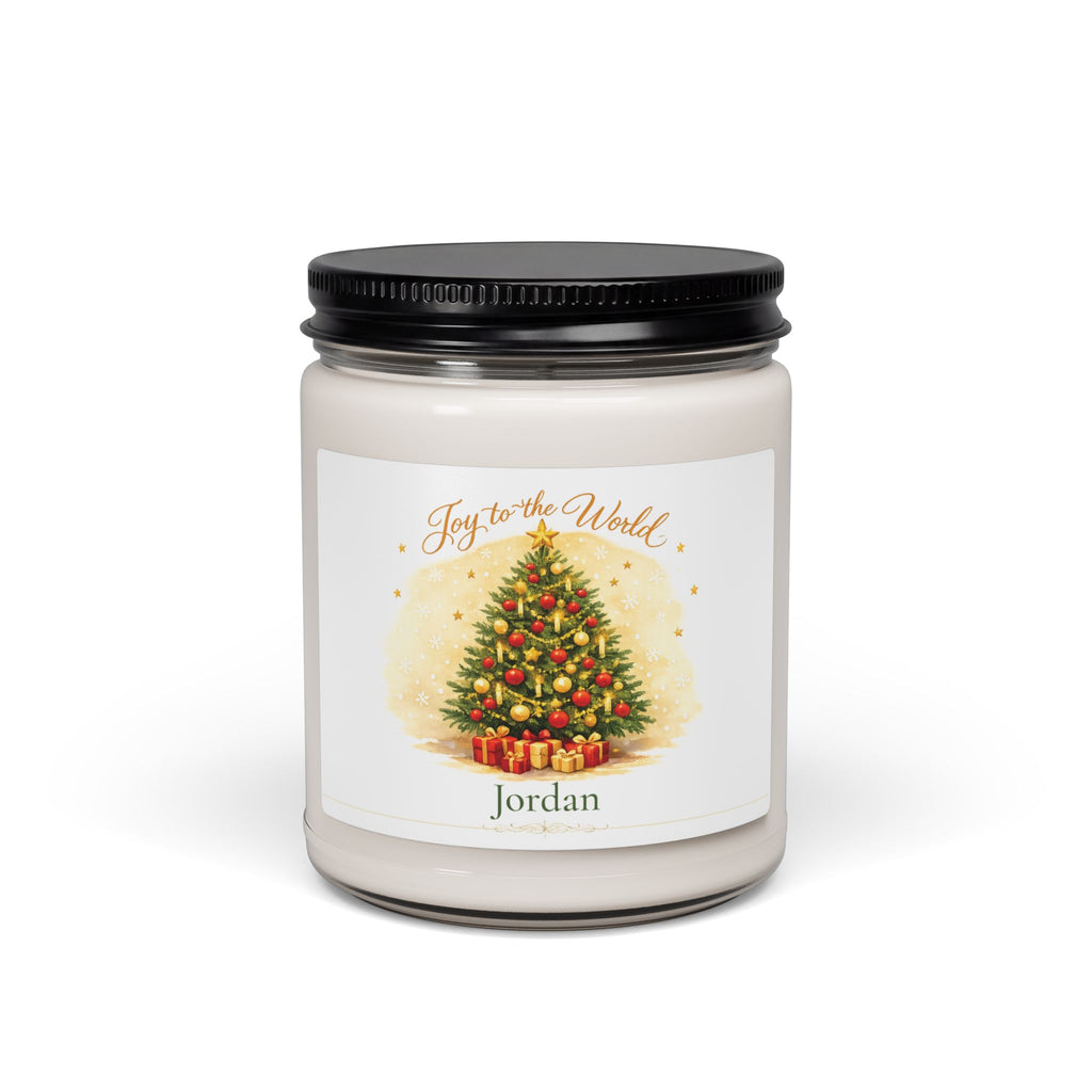 Personalized Joy to the World Christmas tree soy candle with the name Jordan