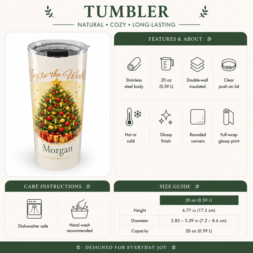 Back angle of Joy to the World Christmas tumbler design