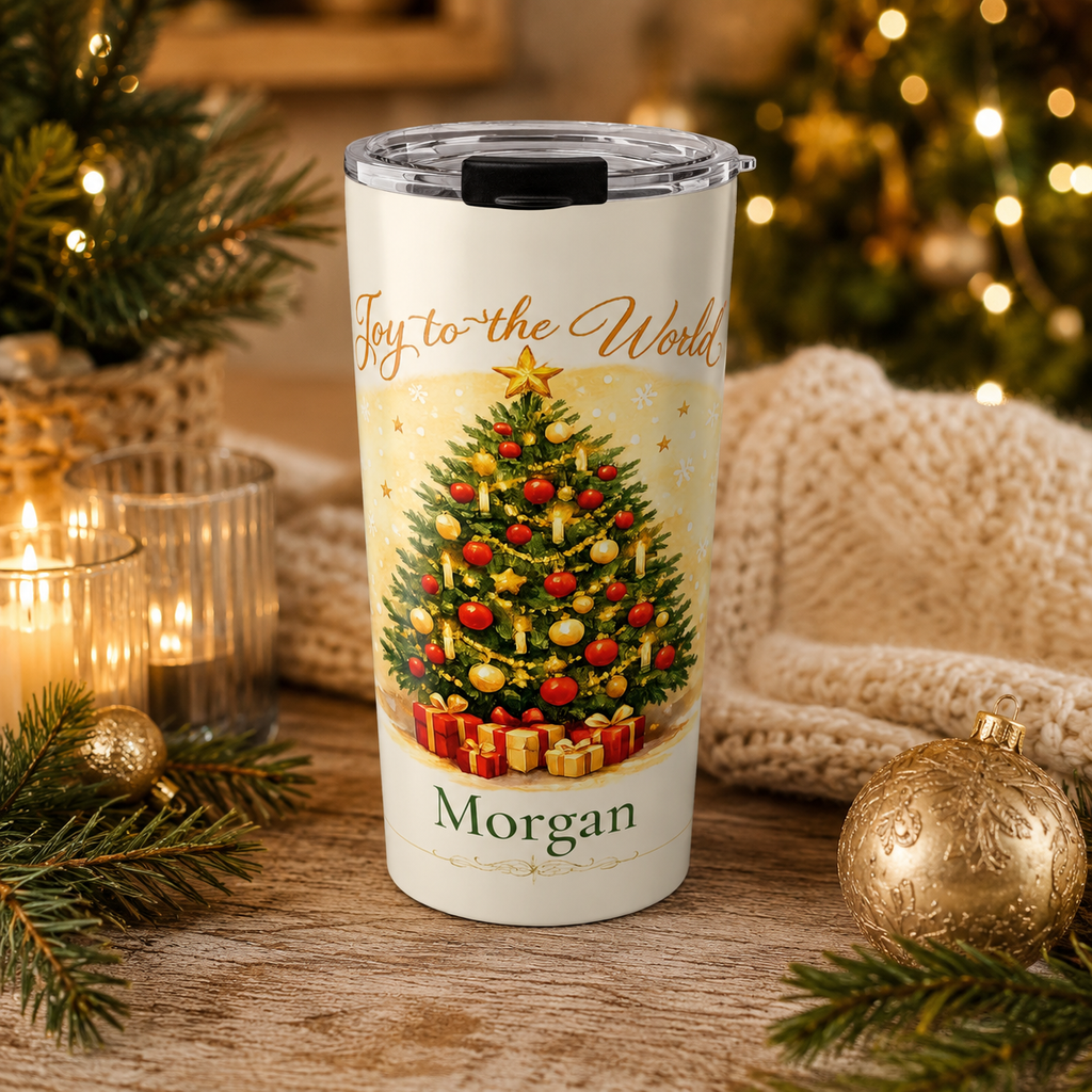 Close-up of custom name personalization on Joy to the World Christmas tumbler