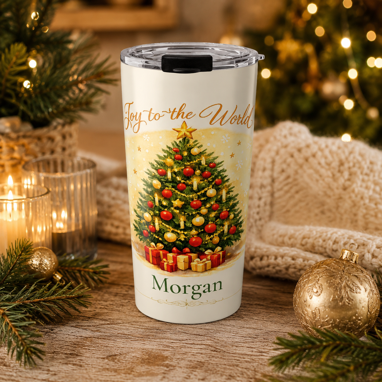 Close-up of custom name personalization on Joy to the World Christmas tumbler