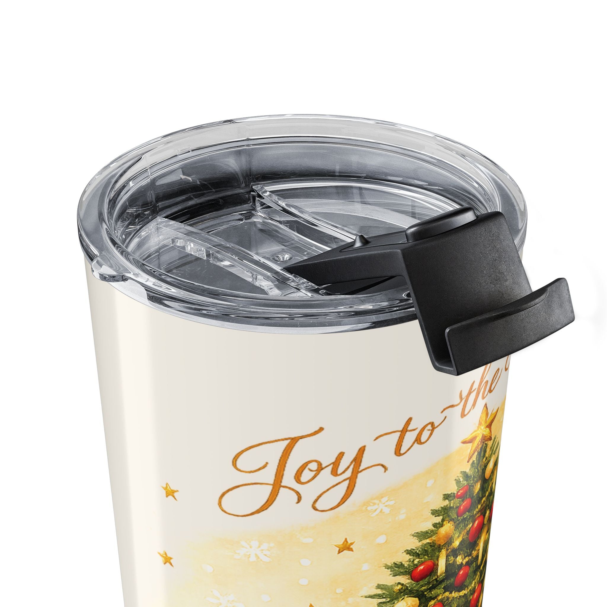 Joy to the World Christmas tumbler held in hand showing size and grip