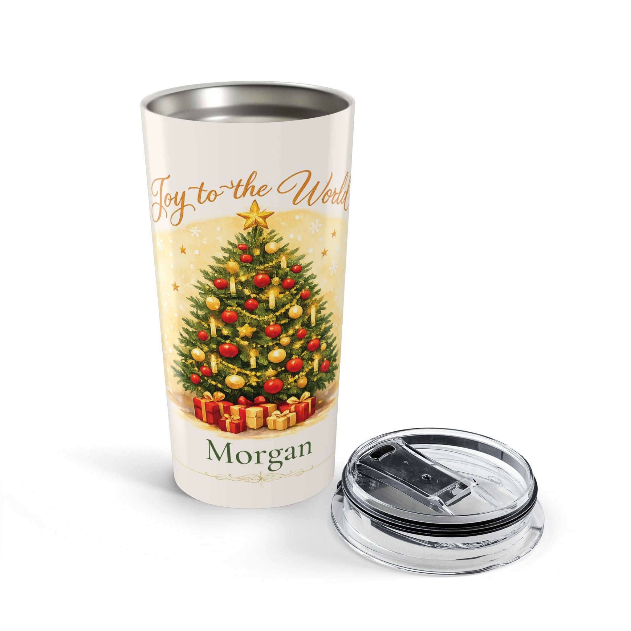 Joy to the World Christmas tumbler styled with holiday decor on a table
