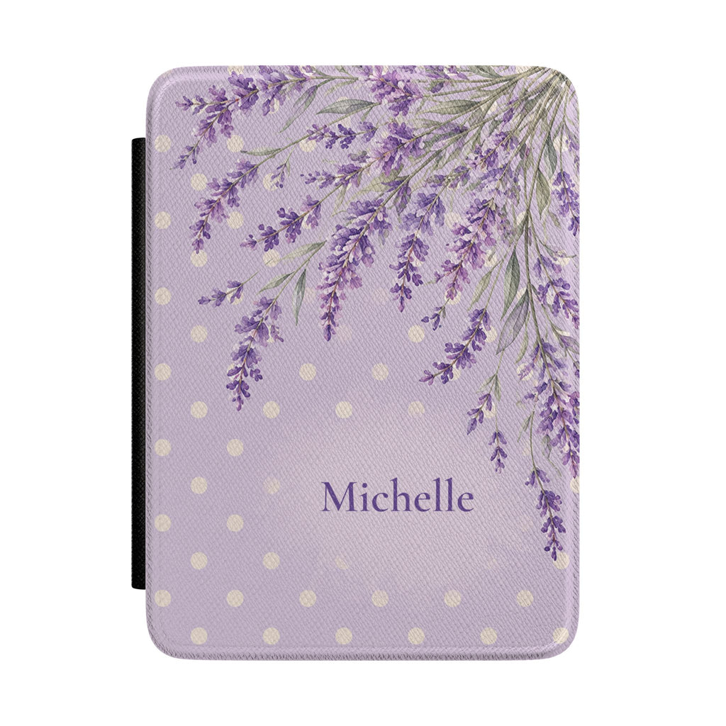 Lavender floral personalized Kindle case with custom name and polka dots