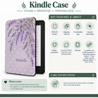 Size and compatibility chart for the personalized lavender floral Kindle case