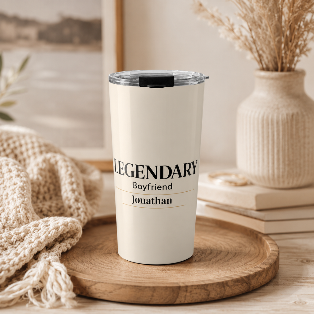 Close-up of custom name personalization on Legendary Boyfriend tumbler