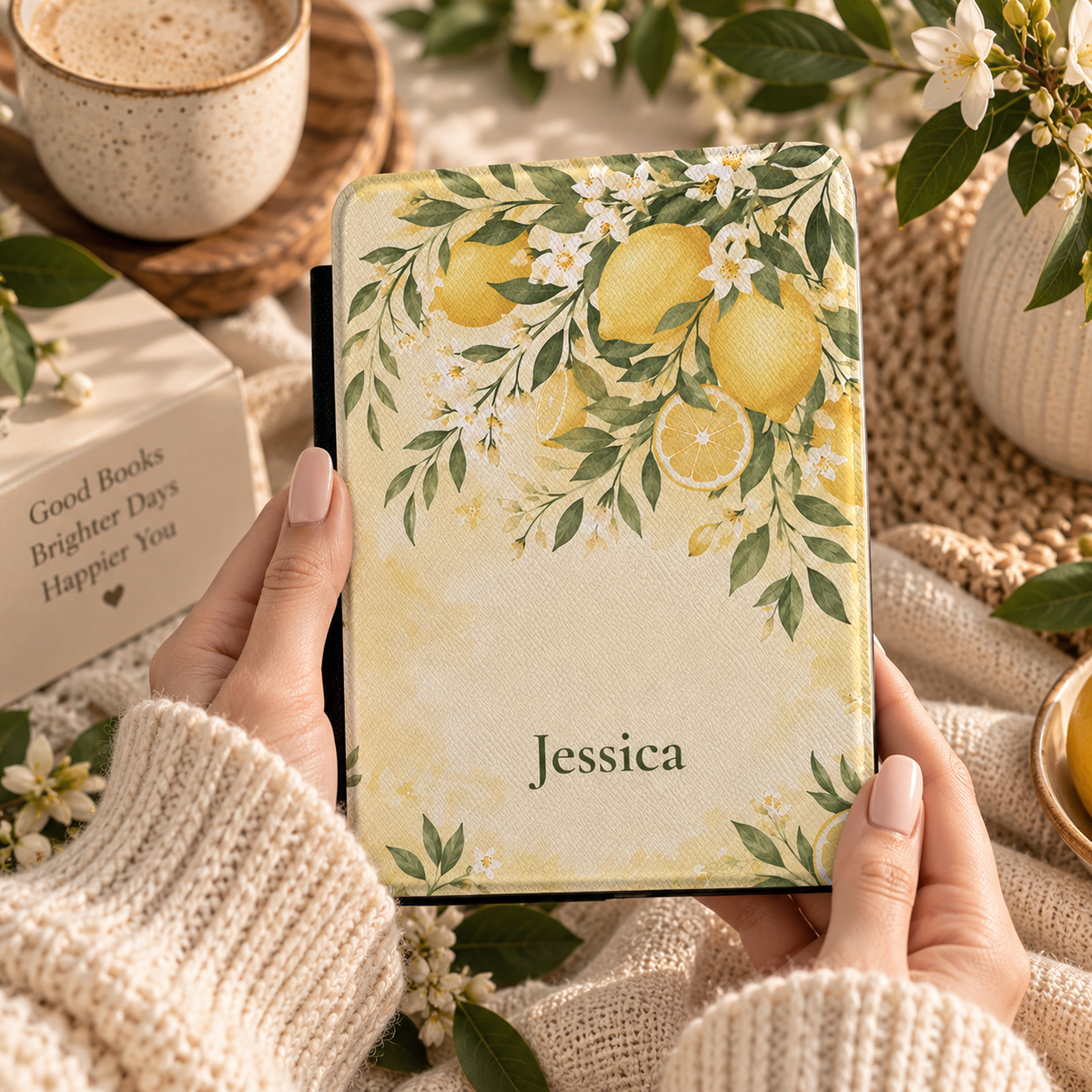 Close-up of lemon branch and blossom illustration on the Kindle case