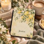 Personalized lemon Kindle case open showing soft fabric interior lining