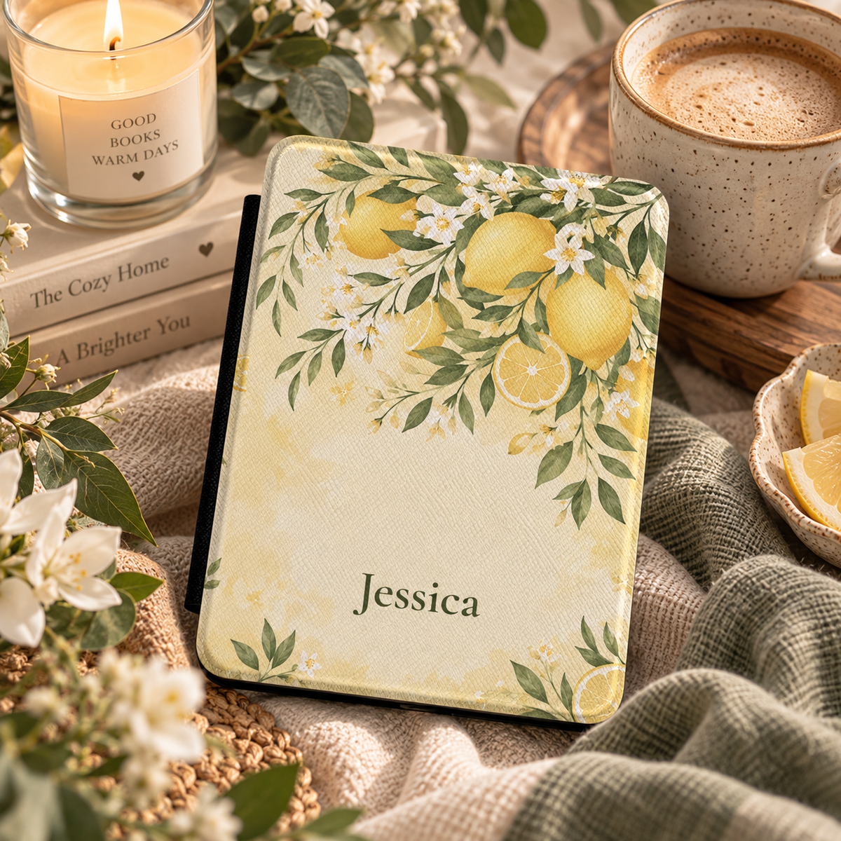 Personalized lemon Kindle case open showing soft fabric interior lining