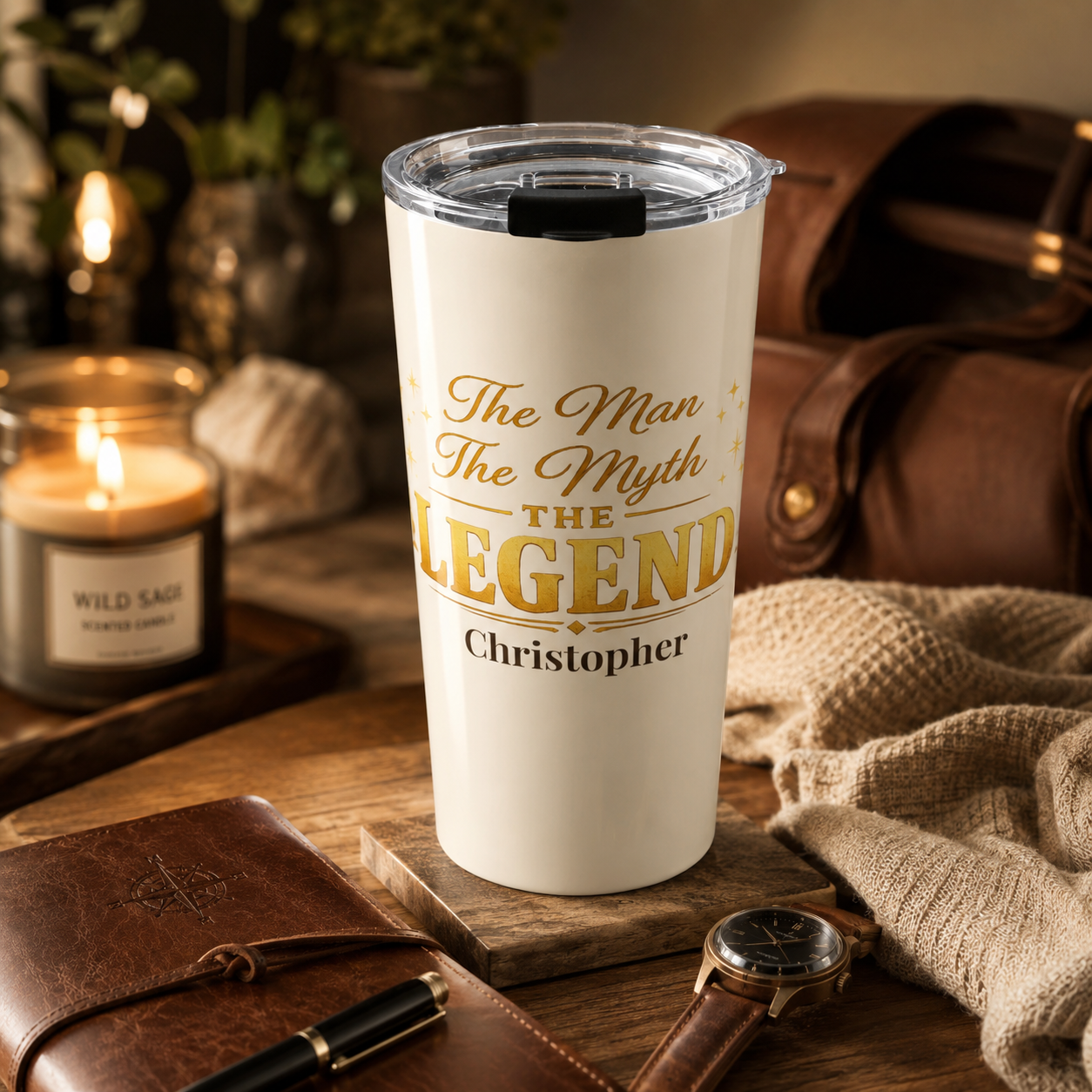 Close-up of custom name personalization on Man Myth Legend tumbler