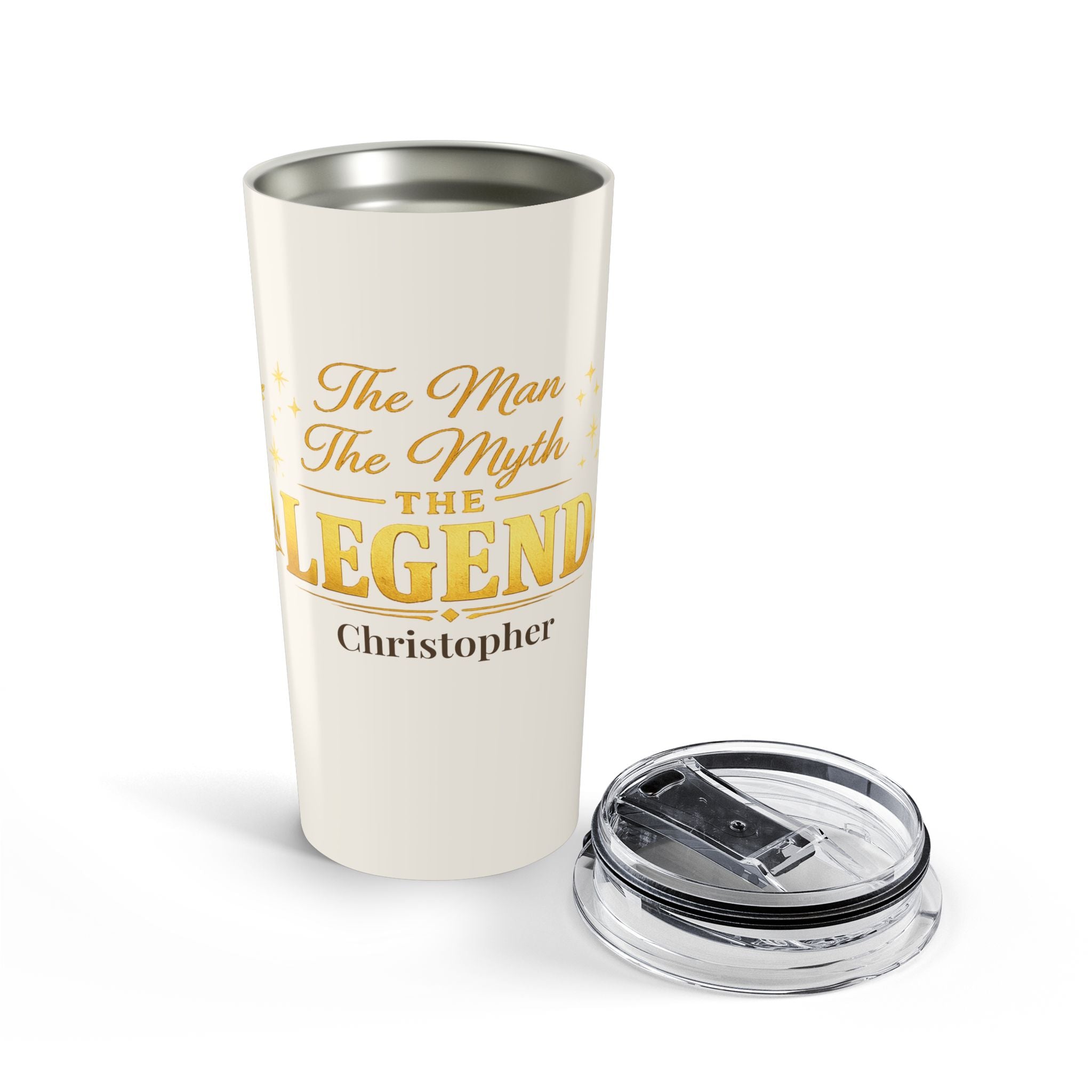 Man Myth Legend tumbler styled on a table