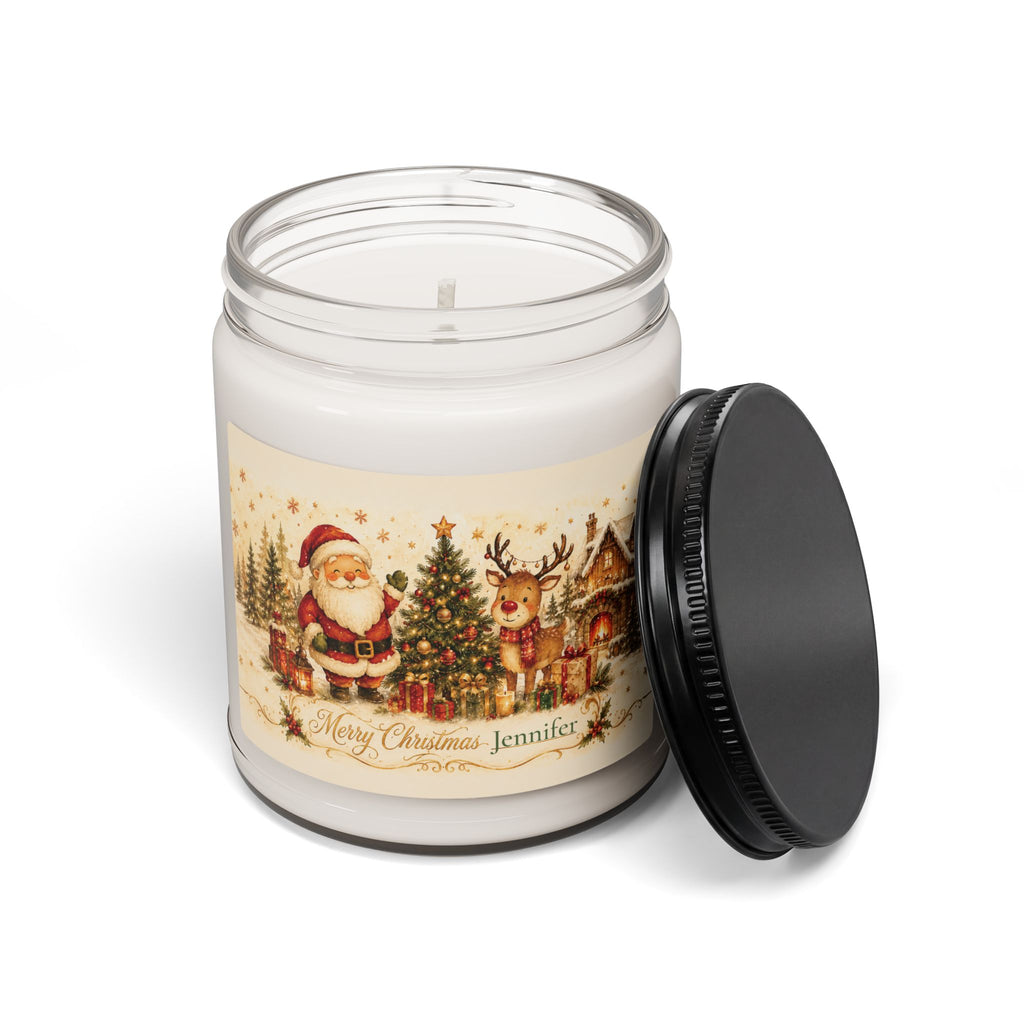 Close-up of the Merry Christmas candle label showing the custom name detail