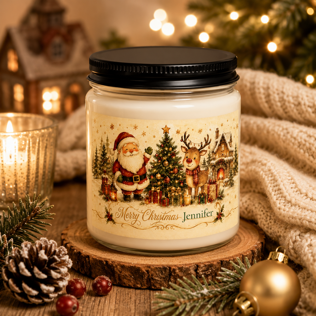Personalized Christmas candle shown on a mantle as part of holiday decor