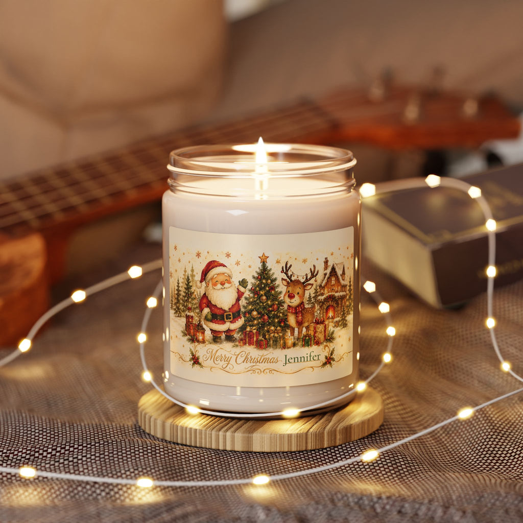 Personalized Christmas candle displayed in a cozy living room setting