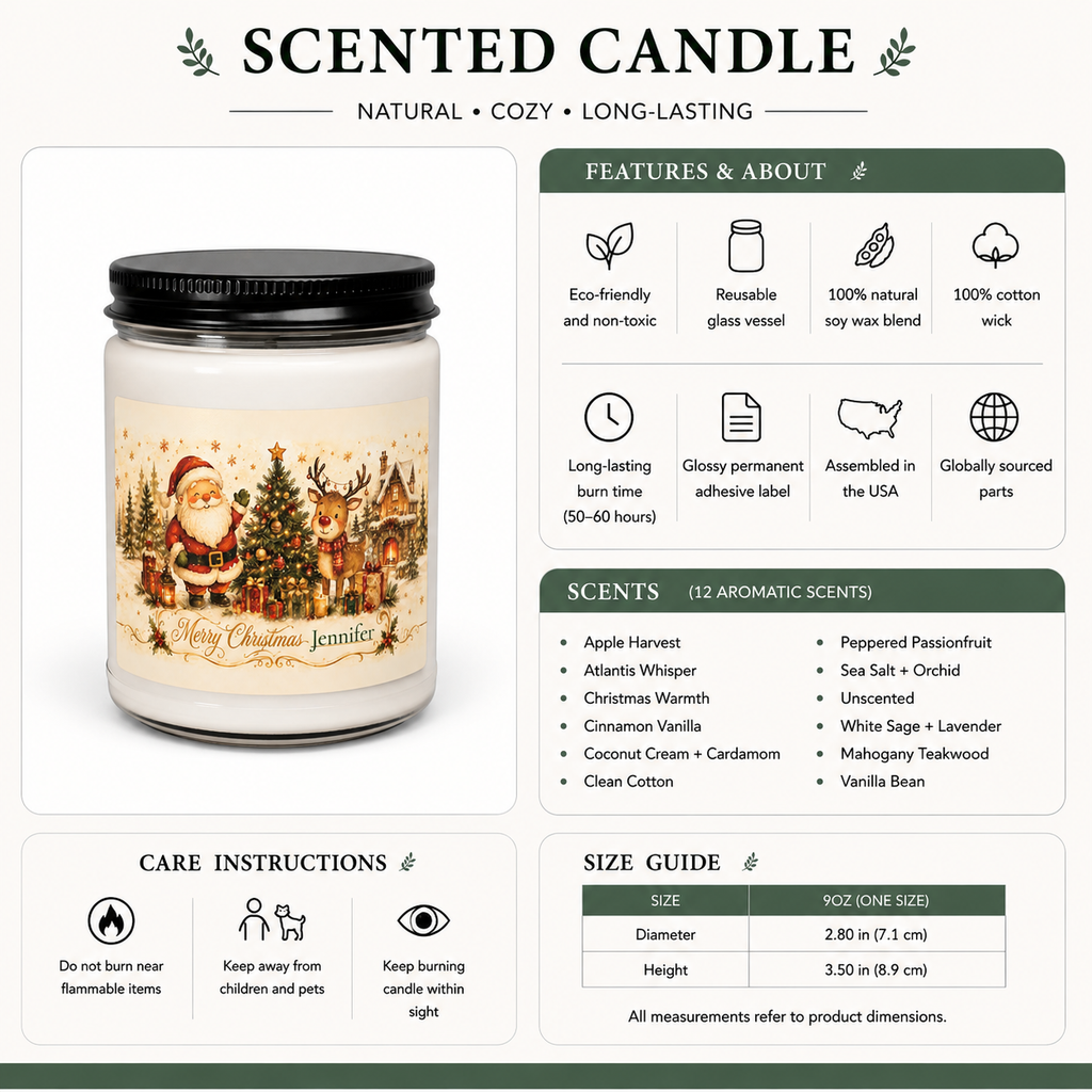 Personalized Christmas candle lit, showing the soft glow of the flame