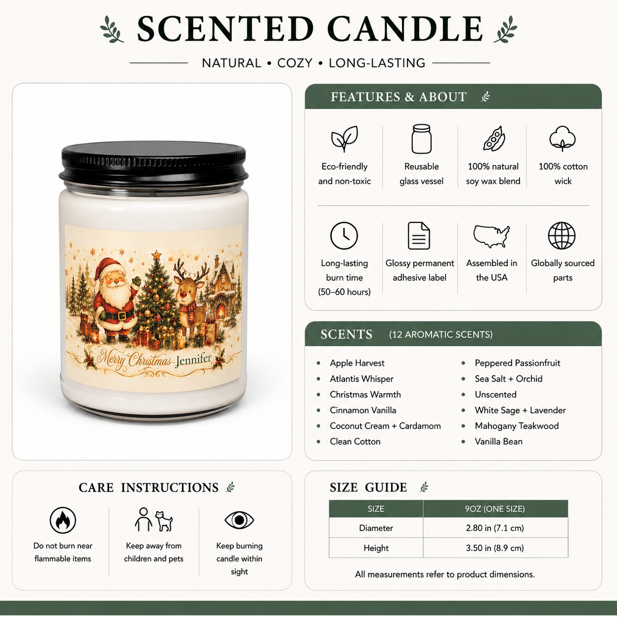 Personalized Christmas candle lit, showing the soft glow of the flame