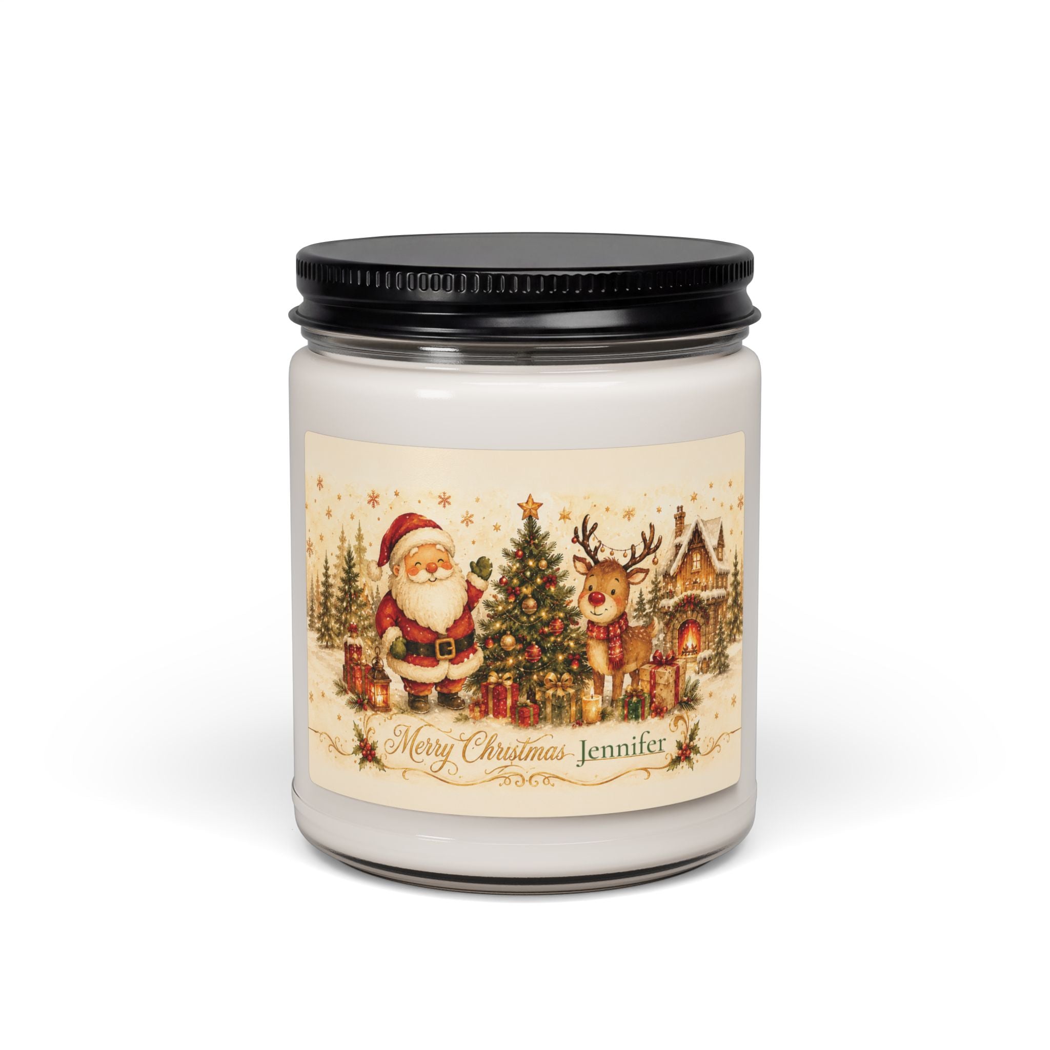 Personalized Merry Christmas soy candle with Santa and reindeer scene and the name Jennifer