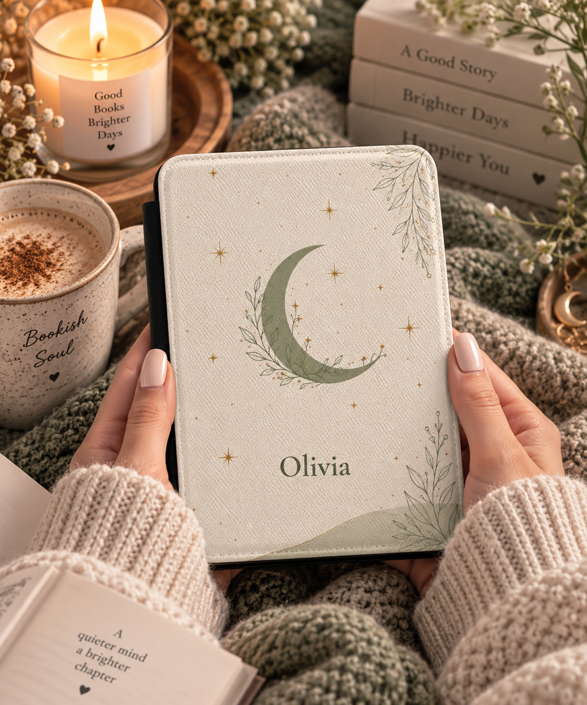 Personalized minimalist moon Kindle case open showing soft fabric interior lining