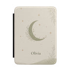 Minimalist sage green moon Kindle case with personalized name