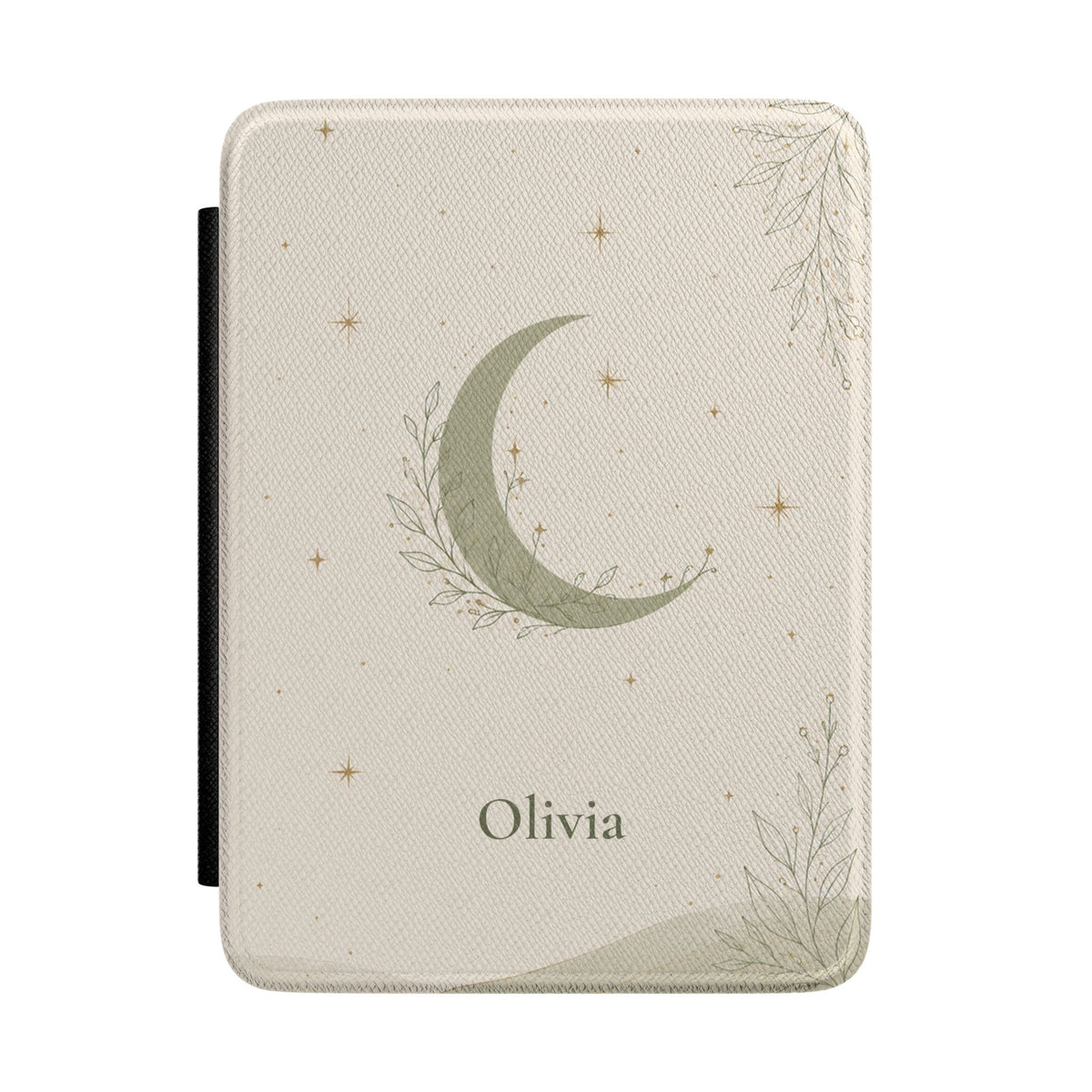 Minimalist sage green moon Kindle case with personalized name