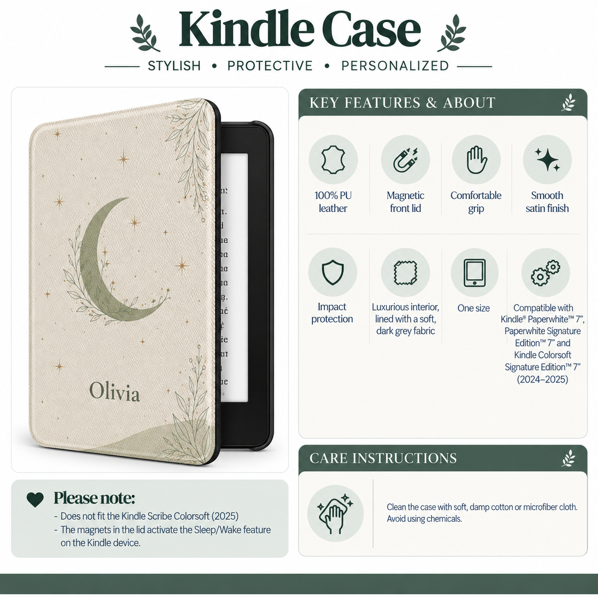 Size and compatibility chart for the personalized minimalist moon Kindle case