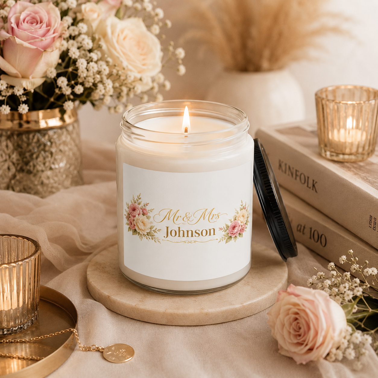 Personalized wedding candle shown on a table as part of home decor