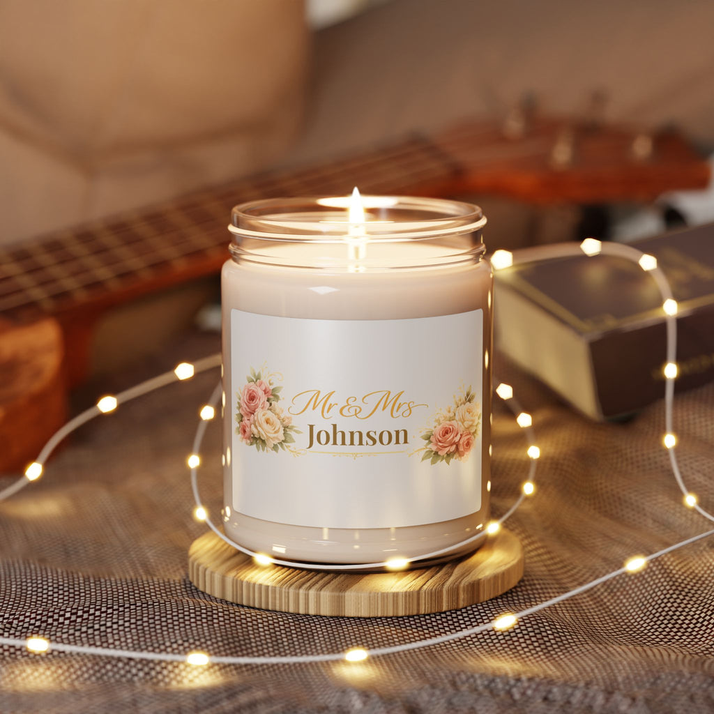 Personalized wedding candle displayed in a cozy living room setting
