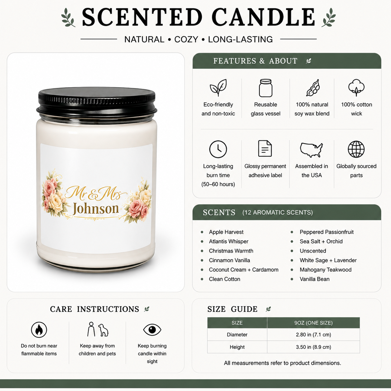Personalized wedding candle lit, showing the soft glow of the flame