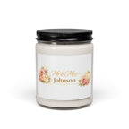 Personalized Mr and Mrs Johnson soy candle with blush floral design