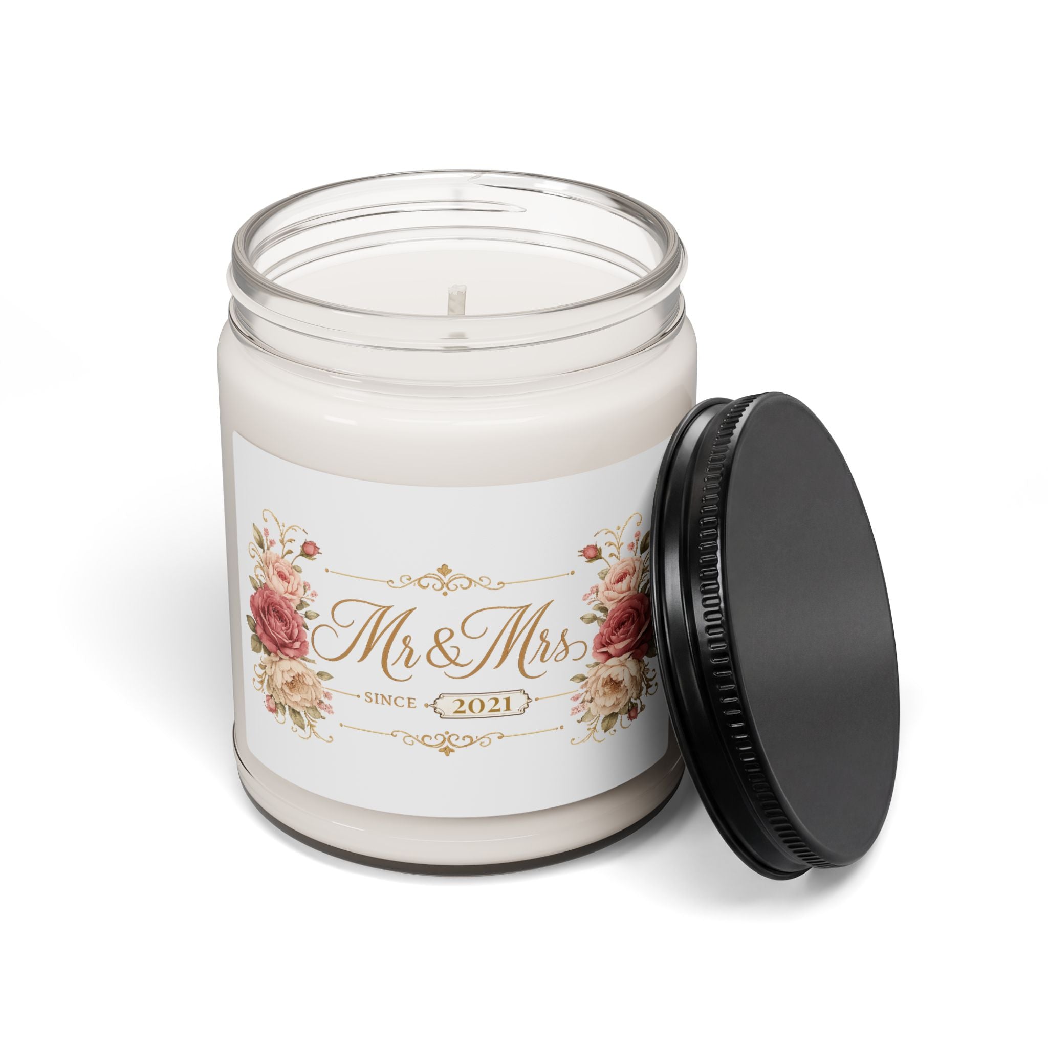 Close-up of the Mr and Mrs candle label showing the custom wedding year detail