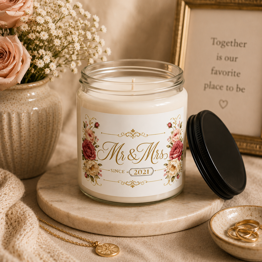 Personalized wedding candle shown on a table as part of home decor