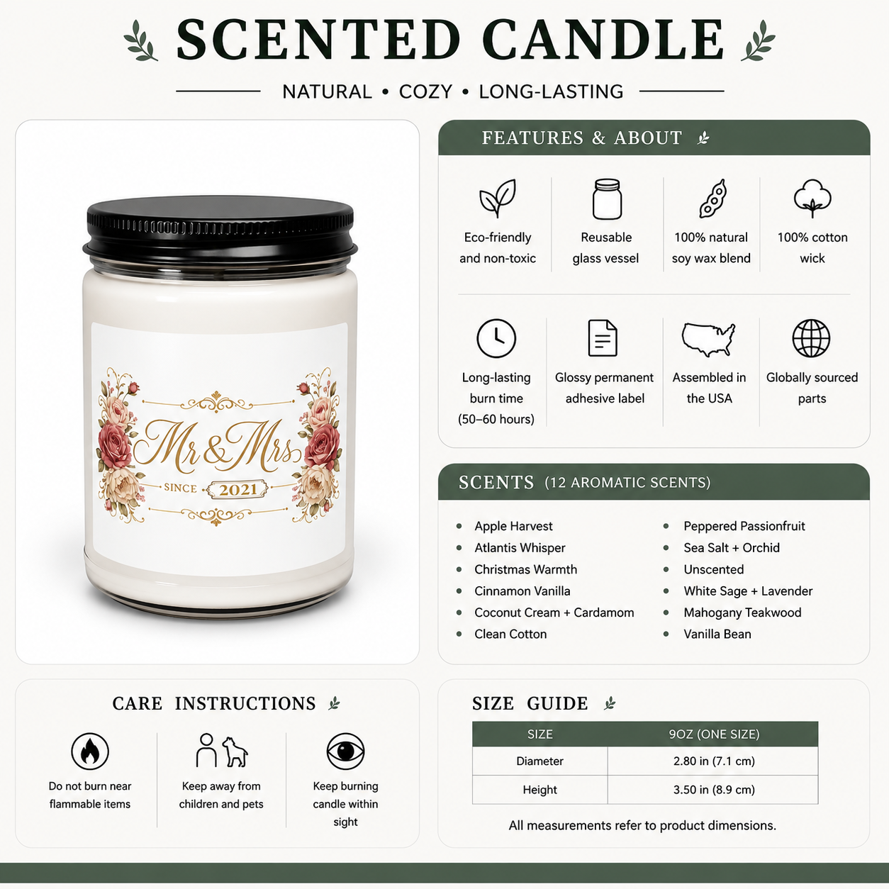 Personalized wedding candle lit, showing the soft glow of the flame