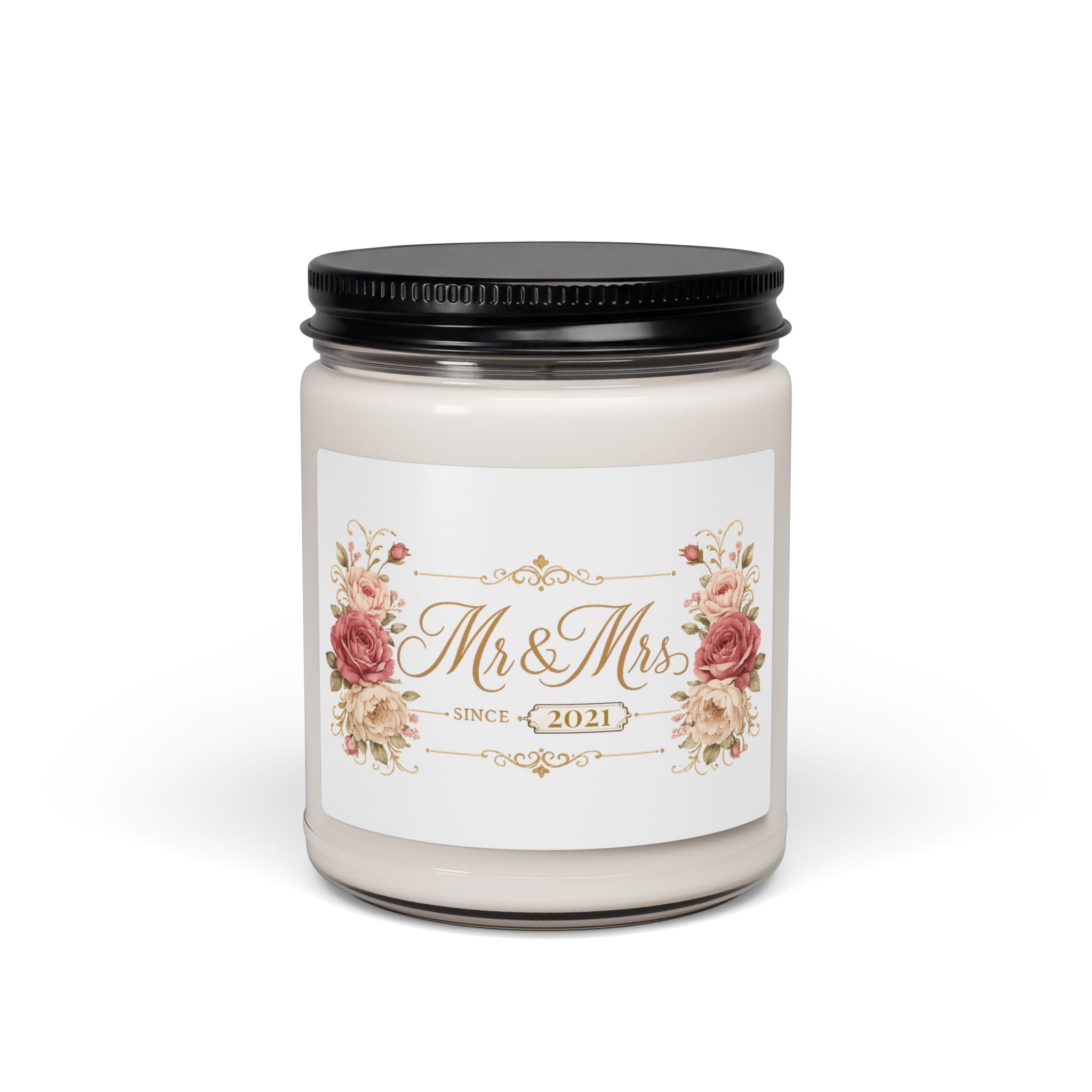 Personalized Mr and Mrs Since 2021 soy candle with rose design