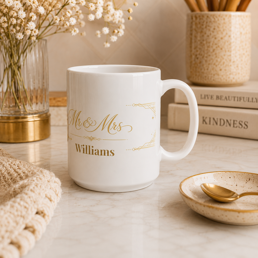 Close-up of the gold art deco frame on the personalized Mr and Mrs mug