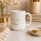Close-up of the gold art deco frame on the personalized Mr and Mrs mug