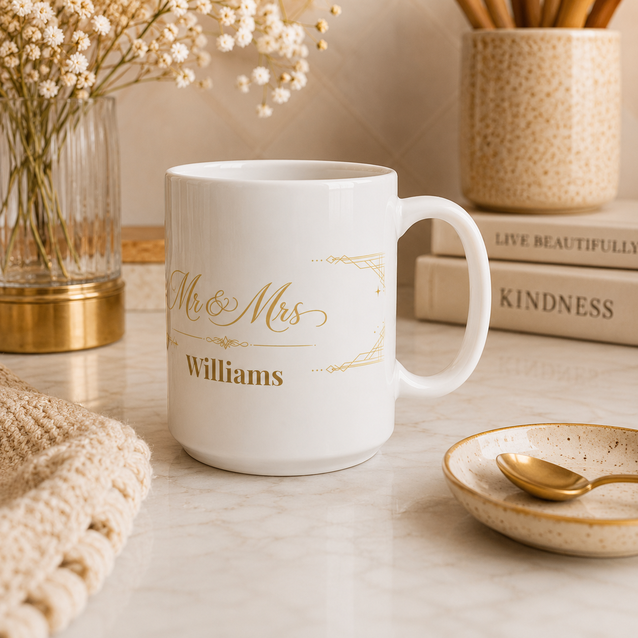Close-up of the gold art deco frame on the personalized Mr and Mrs mug