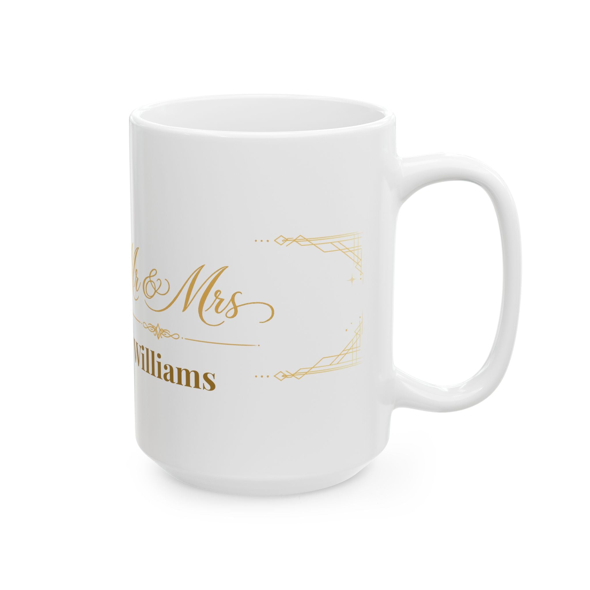 Personalized Mr and Mrs art deco mug displayed on a kitchen counter