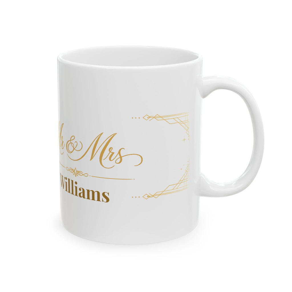 White ceramic mug with gold Mr and Mrs Williams script in a minimal art deco frame