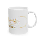 White ceramic mug with gold Mr and Mrs Williams script in a minimal art deco frame
