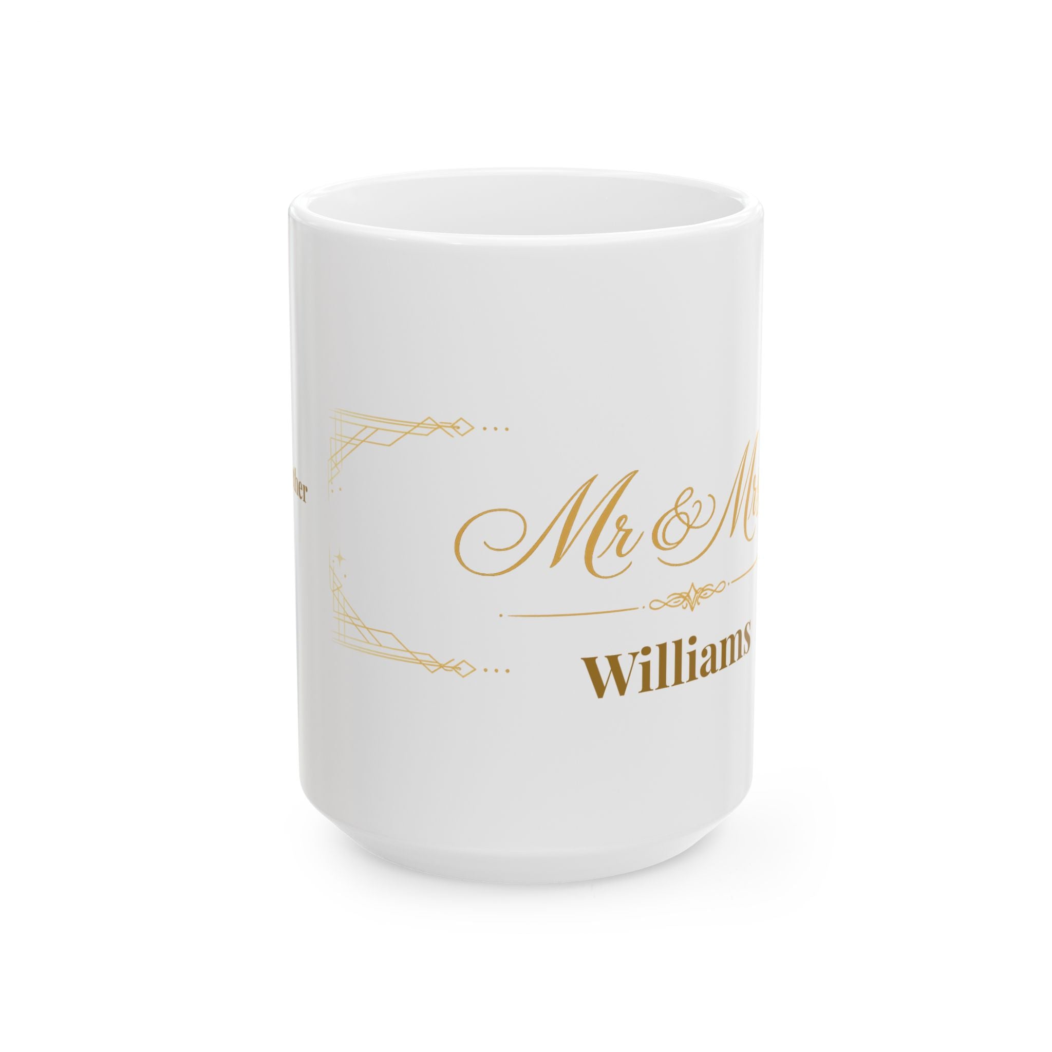 Personalized Mr and Mrs art deco mug styled on a modern table setting