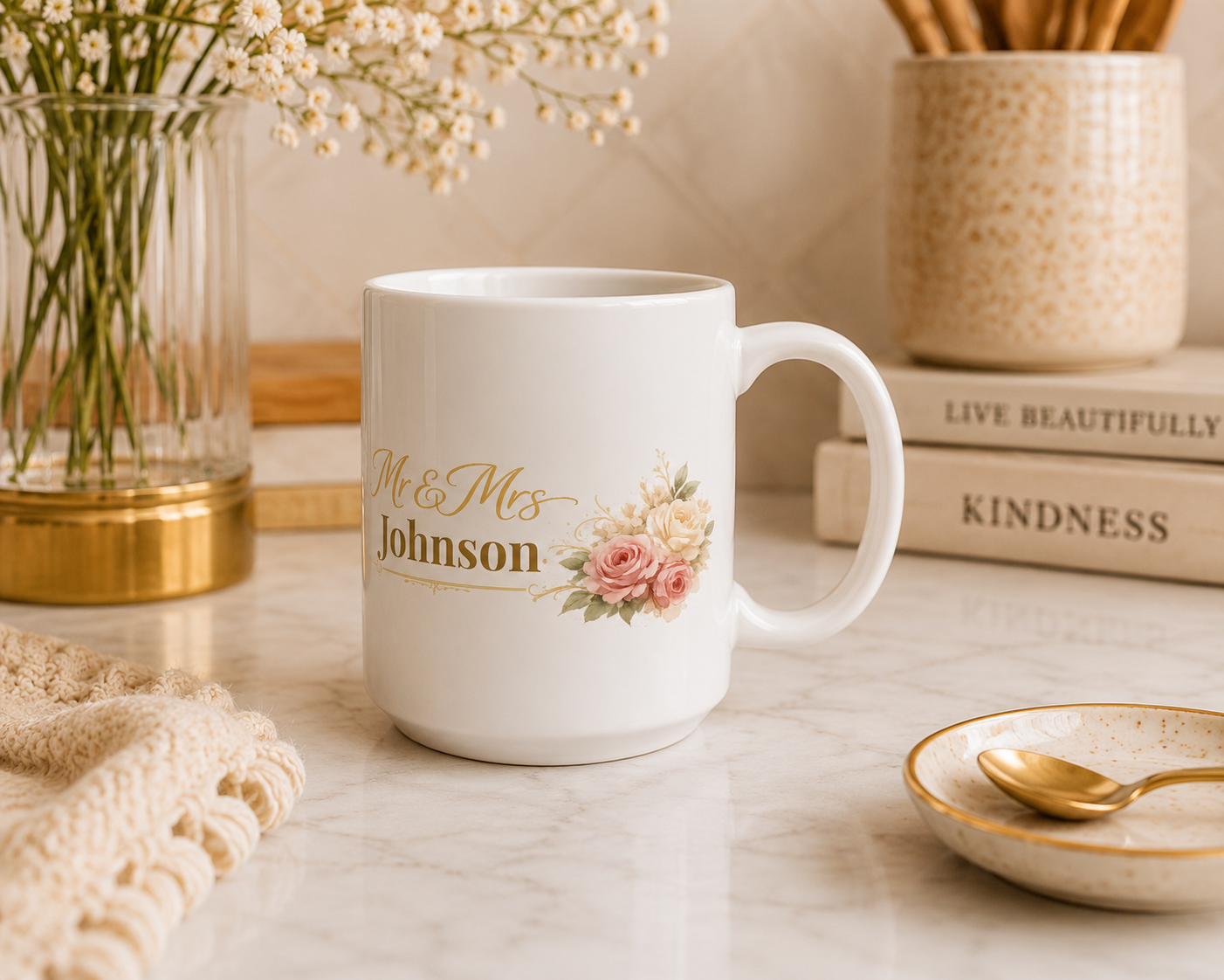 Close-up of the blush and cream rose bouquet on the personalized mug